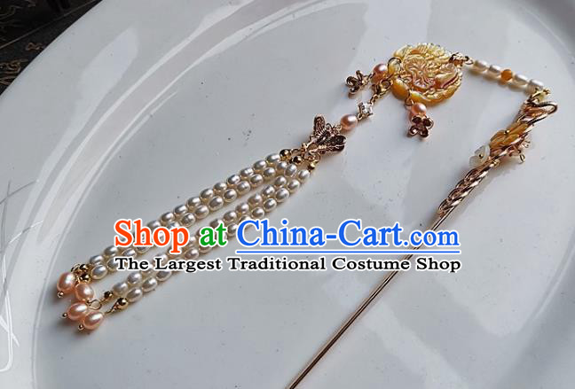 China Ming Dynasty Pearls Tassel Hair Stick Traditional Hanfu Hair Accessories Handmade Ancient Empress Shell Hairpin