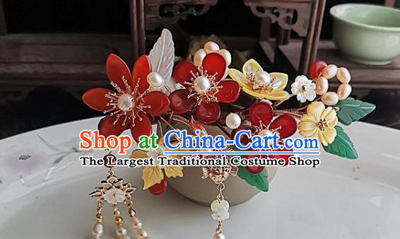 China Ming Dynasty Pearls Tassel Hair Comb Traditional Hanfu Hair Accessories Handmade Ancient Imperial Concubine Agate Plum Hairpin