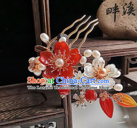 China Ming Dynasty Agate Flower Hair Comb Traditional Hanfu Hair Accessories Handmade Ancient Palace Lady Pearls Hairpin