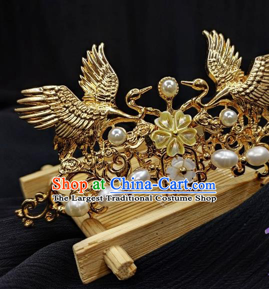 China Ming Dynasty Golden Cranes Hair Crown Traditional Hanfu Hair Accessories Handmade Ancient Empress Pearls Hairpin