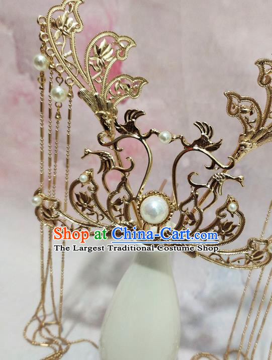 China Tang Dynasty Princess Golden Hair Crown Traditional Hanfu Hair Accessories Handmade Ancient Court Woman Tassel Hairpin