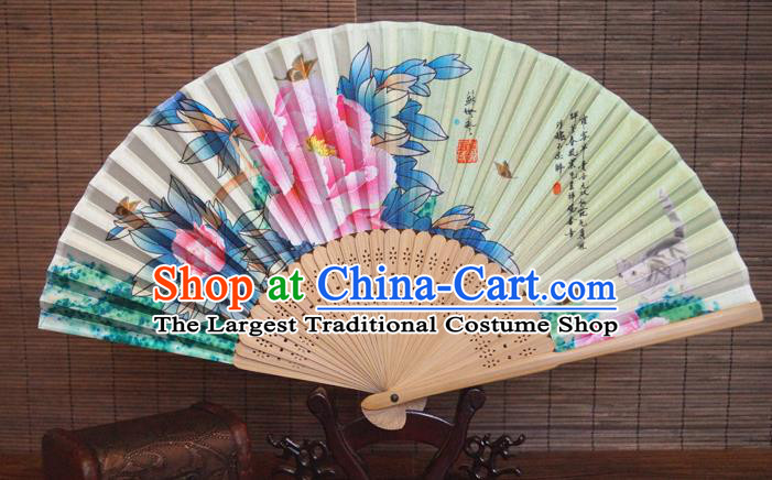 China Traditional Dance Folding Fans Bamboo Fan Classical Beige Silk Accordion Handmade Printing Peony Fan