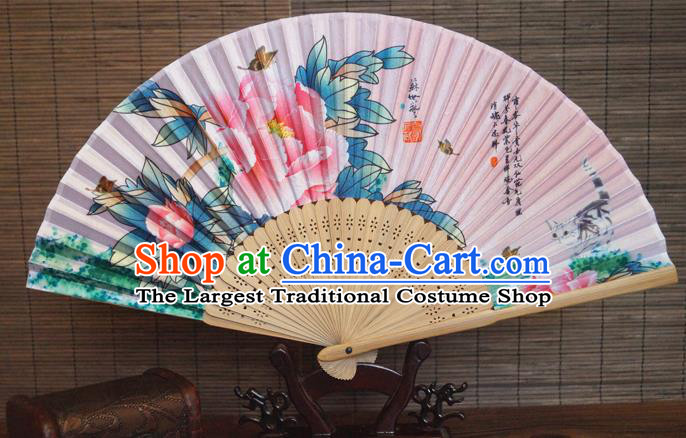 China Handmade Printing Peony Fan Traditional Dance Folding Fans Bamboo Fan Classical Pink Silk Accordion