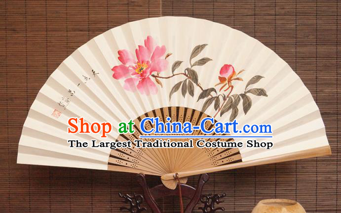 China Traditional Dance Folding Fan Bamboo Fan Classical Paper Accordion Handmade Ink Painting Peony Fans