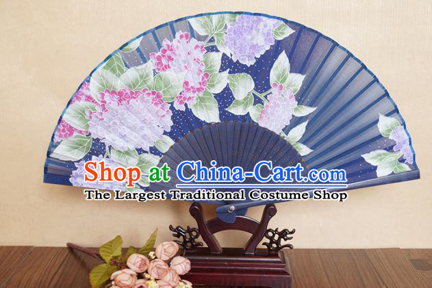 China Traditional Dance Folding Fans Bamboo Fan Classical Navy Silk Accordion Handmade Printing Hydrangea Fan