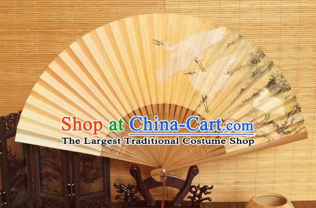 China Bamboo Fan Classical Silk Accordion Handmade Printing Cranes Fan Traditional Dance Folding Fans