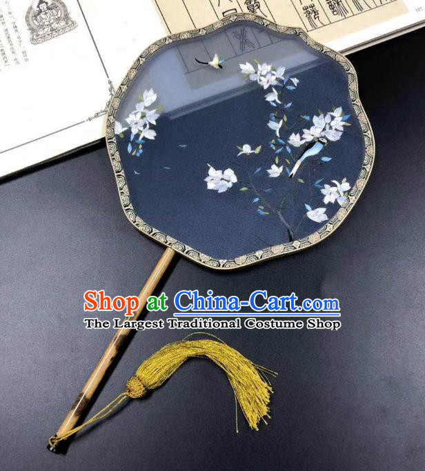 China Classical Palace Fan Handmade Double Side Suzhou Embroidered Mangnolia Fan Traditional Navy Silk Fans Cheongsam Dance Fan