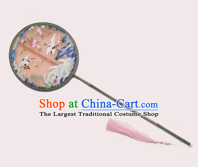 China Handmade Double Side Pink Silk Fan Classical Circular Fans Traditional Hanfu Fan Embroidered Crane Palace Fan