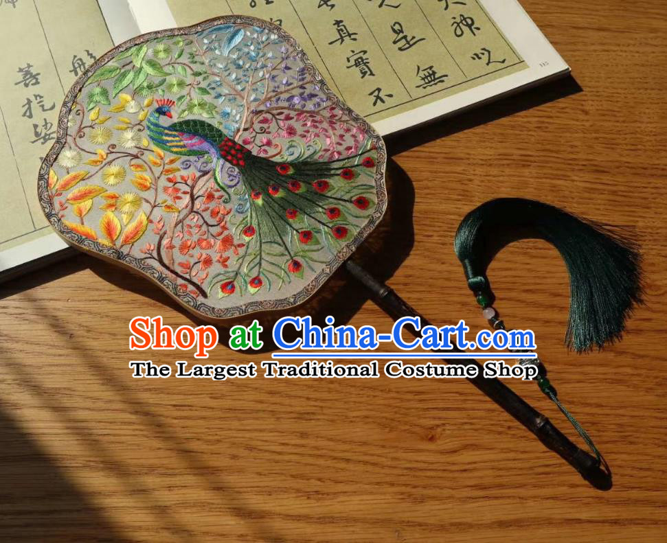 China Traditional Hanfu Fan Embroidered Peacock Palace Fan Handmade Double Side Silk Fan Classical Dance Fans