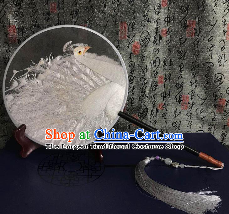 China Suzhou Embroidered White Peacock Palace Fan Handmade Double Side Fan Classical Dance Circular Fans Traditional Hanfu Silk Fan