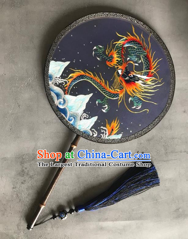 China Suzhou Embroidered Dragon Fan Handmade Double Side Palace Fan Classical Circular Fans Traditional Hanfu Navy Silk Fan