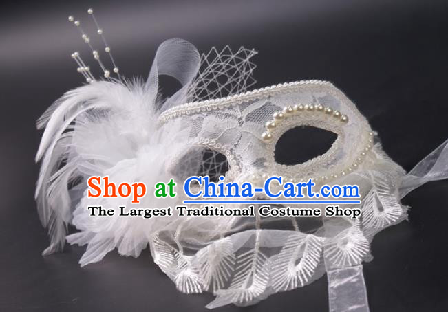 Halloween Cosplay Party White Feather Mask Handmade Deluxe Lace Pearls Face Mask Stage Performance Blinder Headpiece