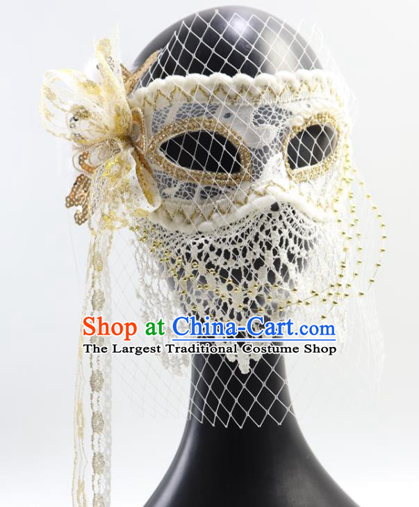 Handmade White Lace Face Mask Stage Performance Headpiece Deluxe Halloween Cosplay Woman Mask