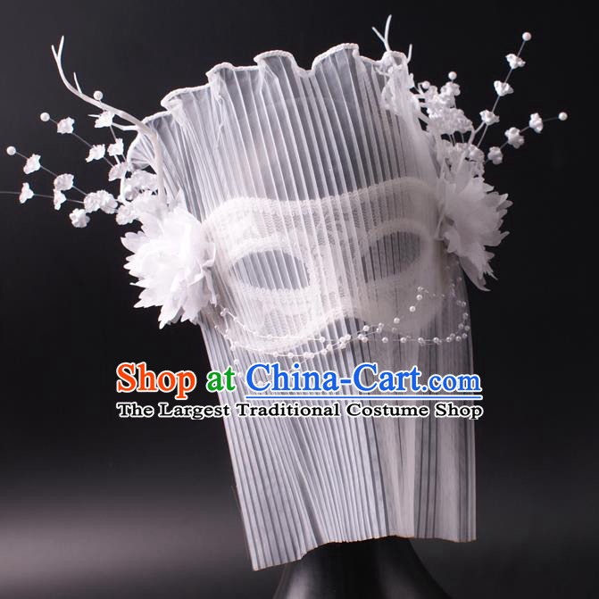 Halloween Cosplay Party White Veil Mask Handmade Face Mask Deluxe Stage Performance Blinder Headpiece