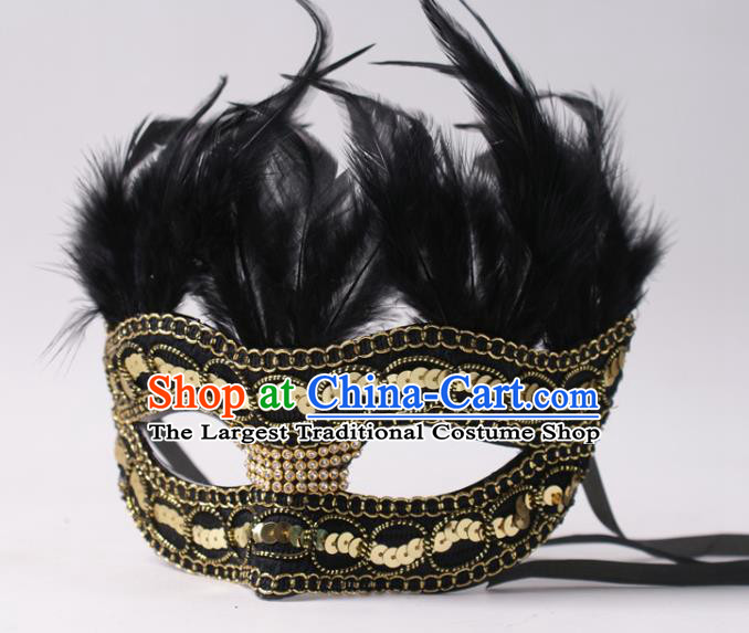 Professional Party Performance Black Feather Face Mask Rio Carnival Headwear Cosplay Golden Sequins Mask