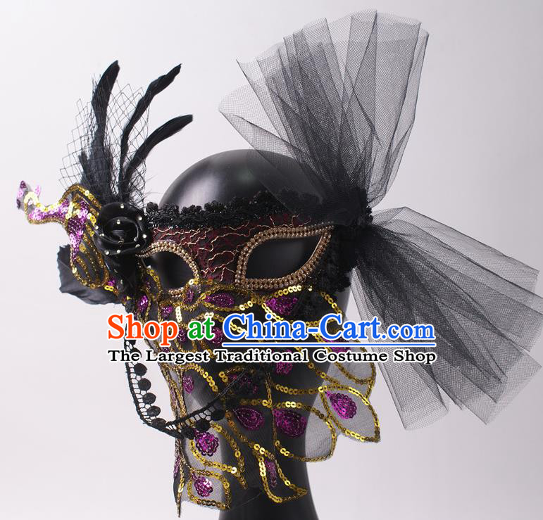 Halloween Stage Performance Veil Headpiece Cosplay Party Purple Sequins Peacock Mask Handmade Deluxe Feather Face Mask