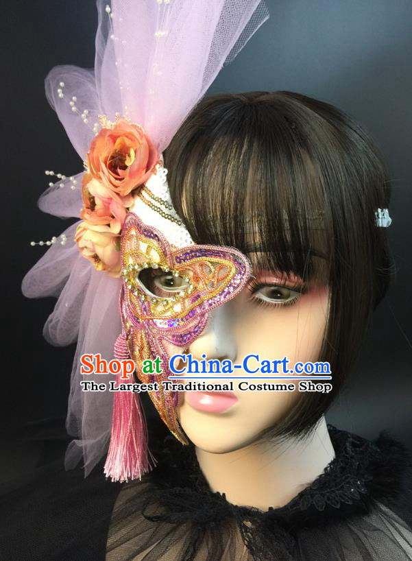 Halloween Handmade Half Face Mask Stage Performance Blinder Headpiece Cosplay Party Purple Sequins Butterfly Mask