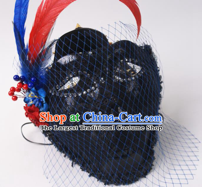 Halloween Party Male Cosplay Black Mask Professional Stage Performance Feather Face Mask Rio Carnival Headwear