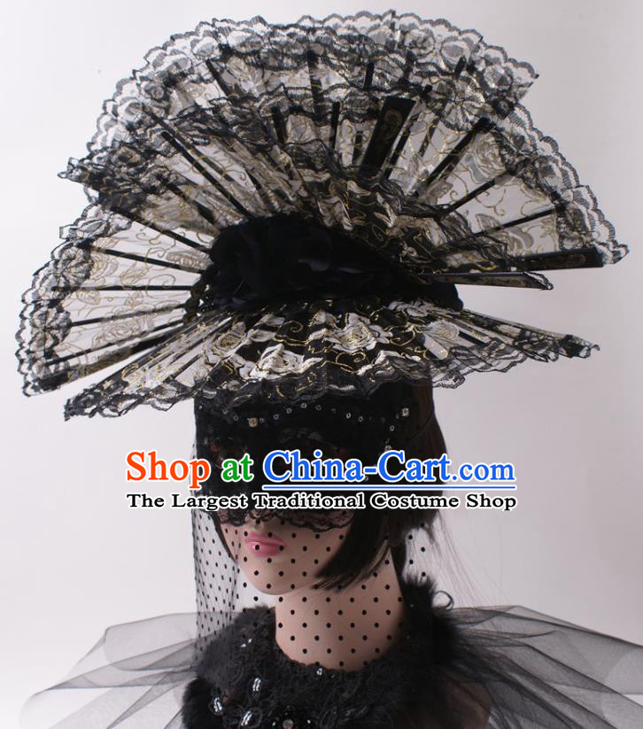 China Giant Hair Accessories Stage Show Headdress Catwalks Black Lace Fans Hair Crown