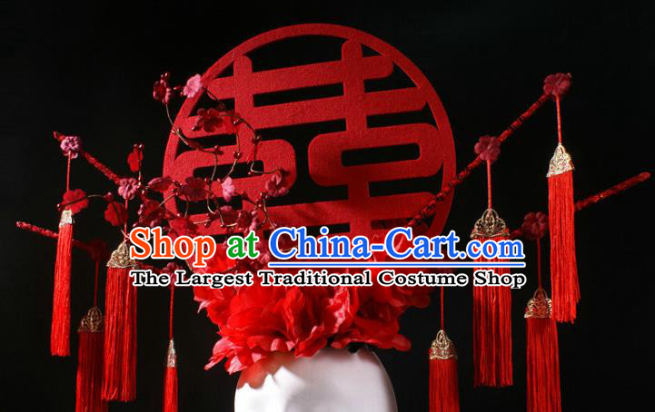 China Catwalks Red Tassel Hair Crown Traditional Wedding Giant Hair Accessories Stage Show Headdress