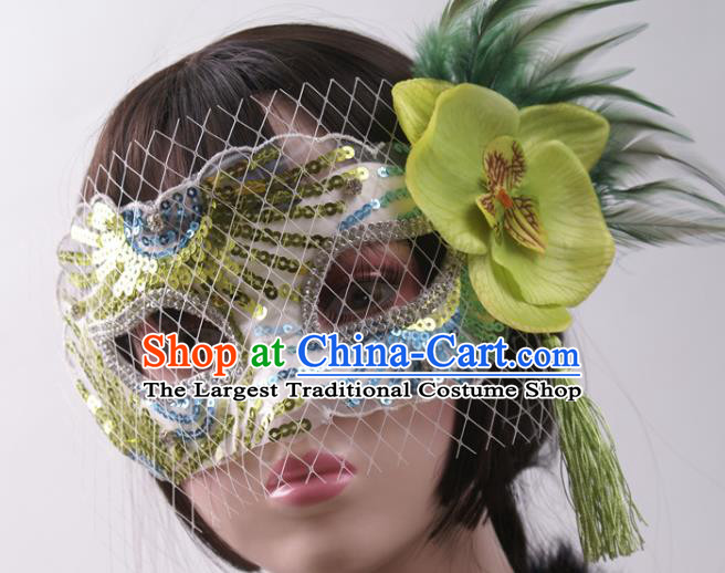 Cosplay Party Sequins Mask Handmade Deluxe Green Feather Face Mask Halloween Stage Performance Blinder Headpiece