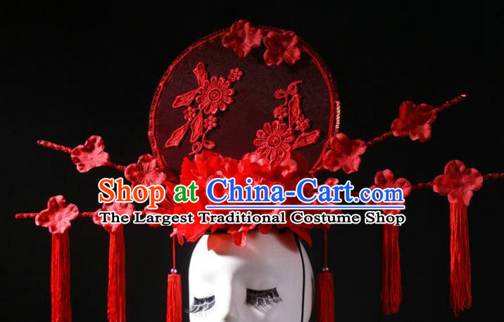 China Stage Show Moon Headdress Catwalks Red Peony Tassel Hair Crown Traditional Wedding Giant Hair Accessories