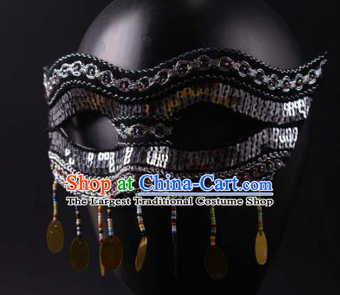 Professional Stage Performance Grey Sequins Face Mask Rio Carnival Headwear Halloween Party Male Cosplay Mask