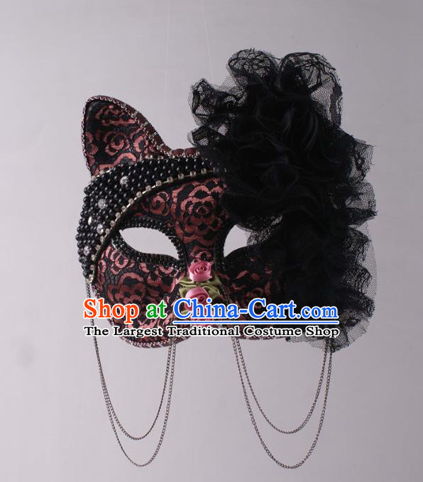 Handmade Carnival Black Lace Flowers Face Mask Stage Performance Headpiece Halloween Cosplay Party Leopard Cat Mask