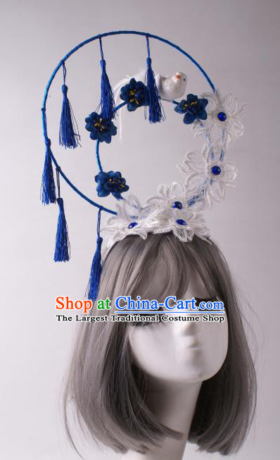 China Catwalks Blue Tassel Hair Crown Traditional Giant Hair Accessories Stage Show Lace Flowers Headdress