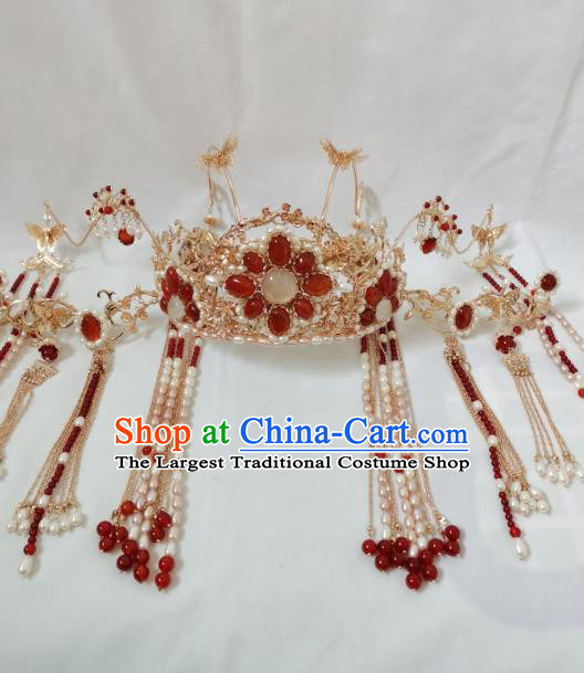 China Ancient Bride Phoenix Coronet Ming Dynasty Princess Golden Hair Crown Traditional Wedding Hanfu Hair Accessories