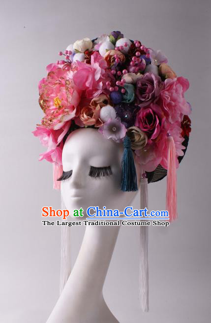 Top Stage Show Hair Crown Baroque Giant Headdress Rio Carnival Decorations Halloween Cosplay Silk Flowers Hat