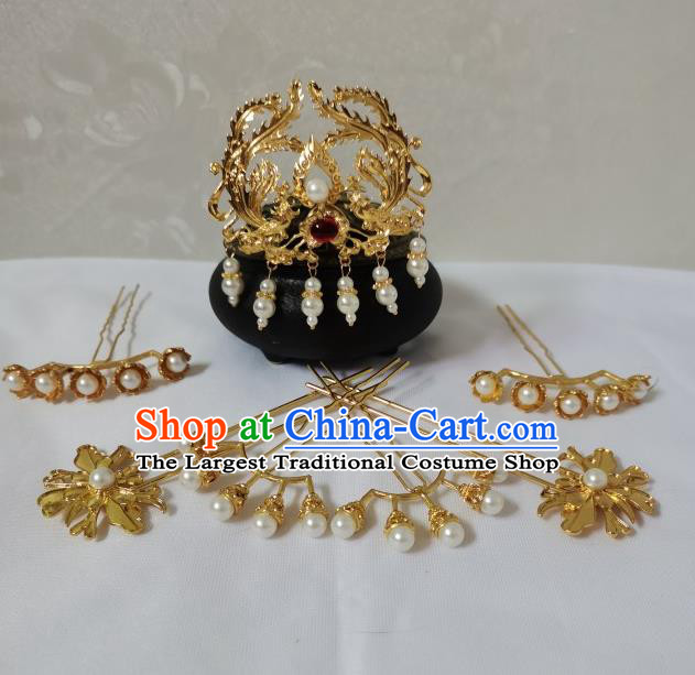 China Traditional Hanfu Hair Accessories Ancient Queen Golden Phoenix Hair Crown Tang Dynasty Empress Hairpin Full Set