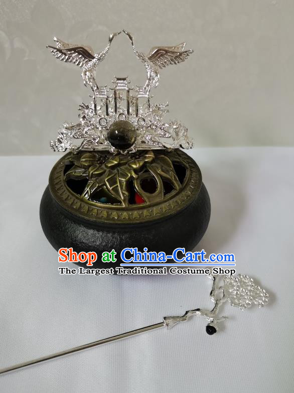 Chinese Traditional Tang Dynasty Scholar Argent Crane Hair Crown and Hairpin Ancient Prince Headwear