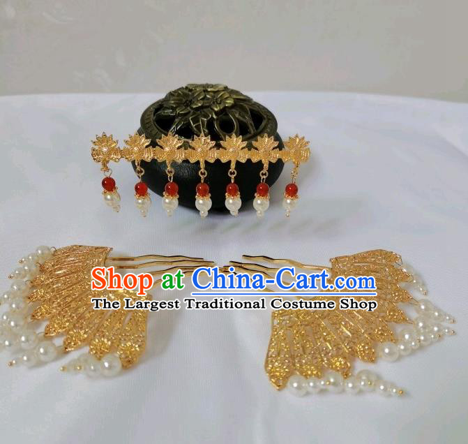 China Tang Dynasty Court Woman Hairpins Traditional Hanfu Hair Accessories Ancient Empress Golden Phoenix Hair Crown