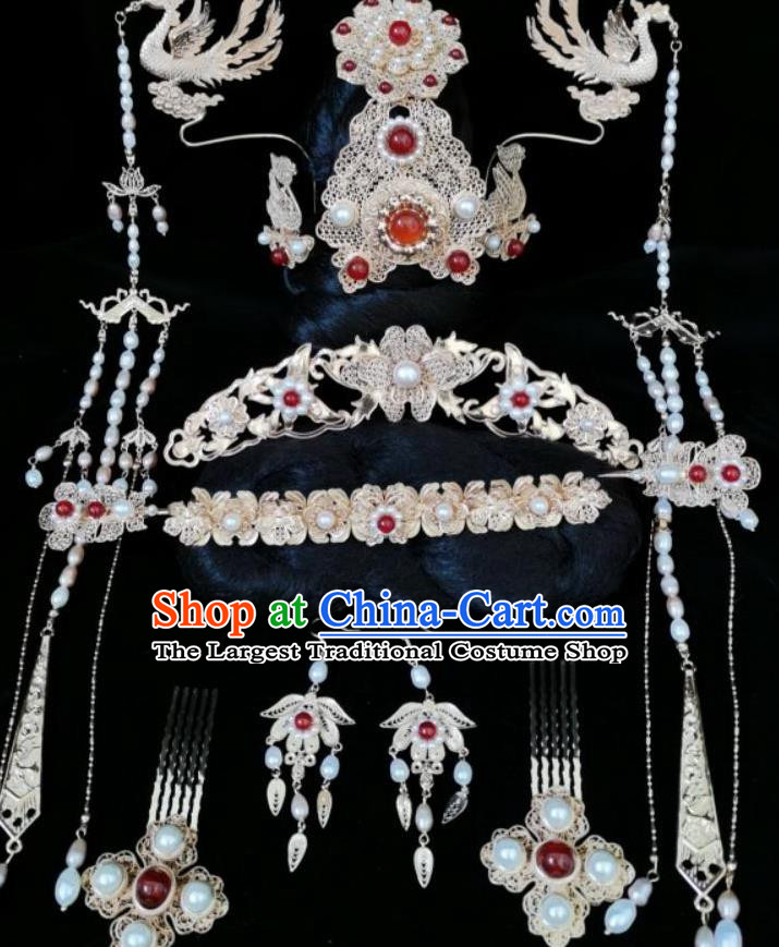 China Traditional Hanfu Pearls Hair Accessories Ancient Empress Hair Crown Ming Dynasty Phoenix Tassel Hairpins Complete Set