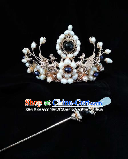 China Traditional Ancient Queen Hanfu Headwear Tang Dynasty Empress Golden Phoenix Hair Crown and Hairpin