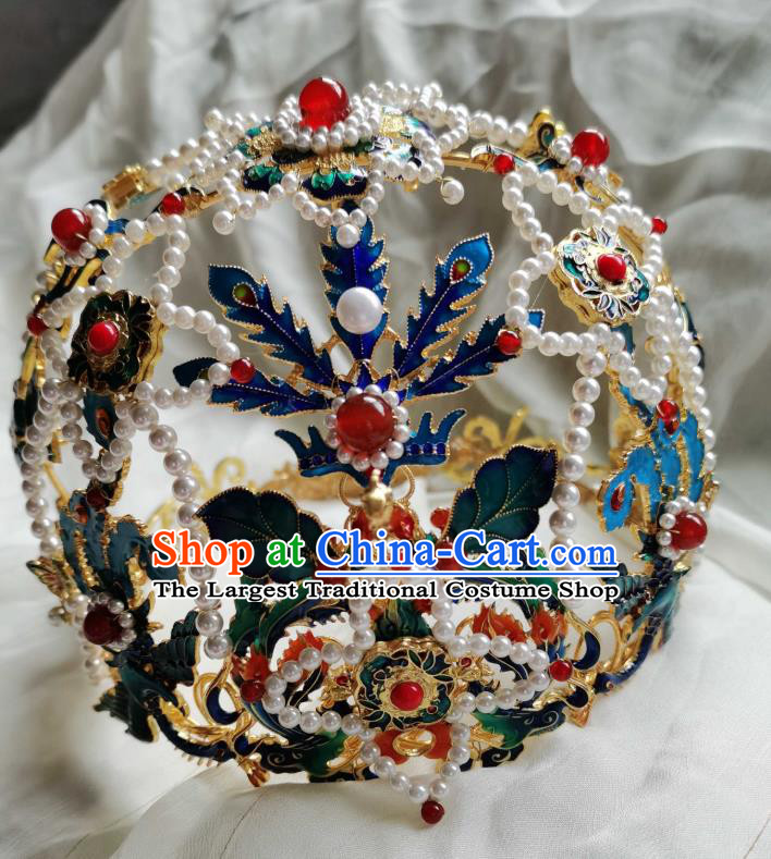 China Ancient Empress Blueing Phoenix Hairpin Traditional Hanfu Hair Accessories Ming Dynasty Court Pearls Hair Crown