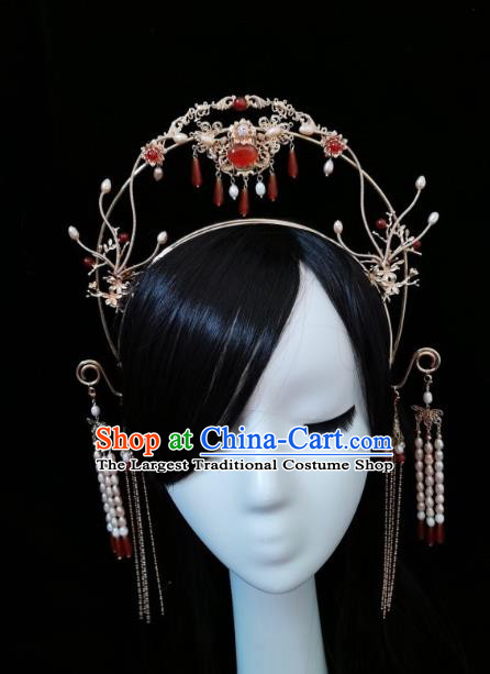 China Tang Dynasty Princess Golden Hair Crown Traditional Hanfu Hair Accessories Ancient Court Woman Tassel Hair Clasp