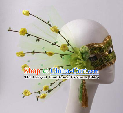 Handmade Halloween Cosplay Party Woman Green Flower Mask Carnival Sequins Face Mask Stage Show Blinder Headpiece