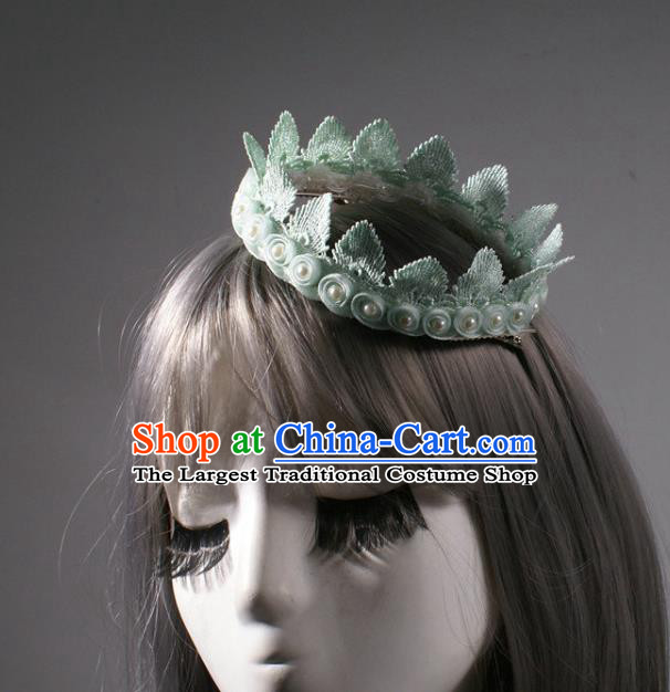 Top Halloween Cosplay Princess Green Leaf Hair Clasp Stage Show Pearls Royal Crown Baroque Giant Headdress Rio Carnival Decorations