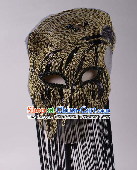 Halloween Party Male Cosplay Eagle Mask Professional Stage Performance Black Tassel Face Mask Rio Carnival Headwear