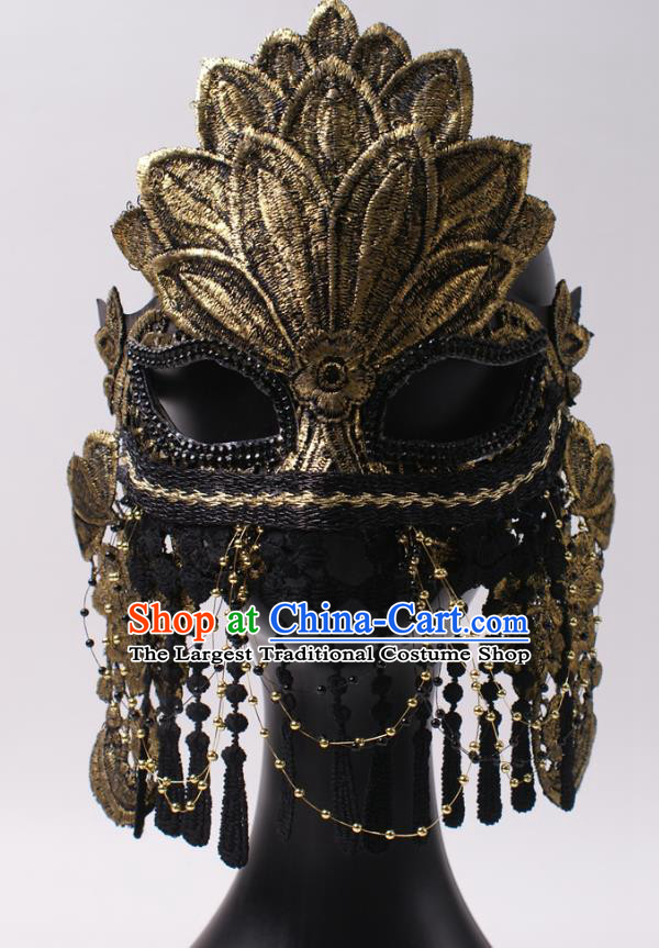 Rio Carnival Headwear Halloween Party Male Cosplay Golden Lace Mask Professional Stage Performance Full Face Mask