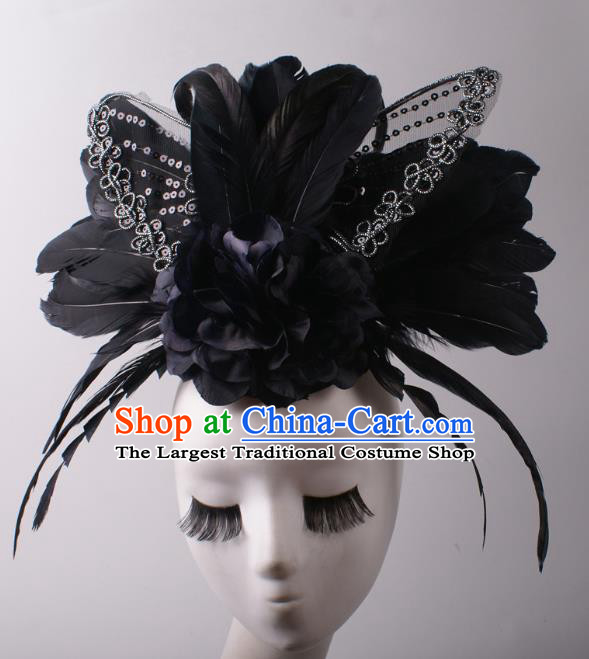 Top Rio Carnival Black Feather Decorations Halloween Cosplay Queen Hair Clasp Stage Show Butterfly Royal Crown Baroque Giant Headdress