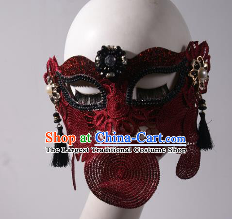 Handmade Costume Ball Wine Red Face Mask Stage Show Headpiece Halloween Cosplay Party Woman Mask