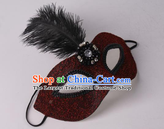 Handmade Halloween Cosplay Party Woman Dark Red Blinder Mask Costume Ball Face Mask Stage Show Feather Headpiece