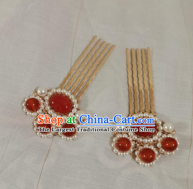 China Ming Dynasty Golden Hair Comb Traditional Ancient Empress Pearls Hair Accessories