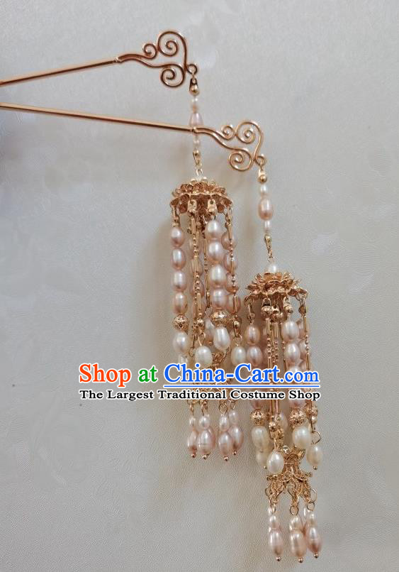 China Ancient Court Woman Golden Lotus Hair Accessories Traditional Tang Dynasty Empress Pearls Tassel Hairpin