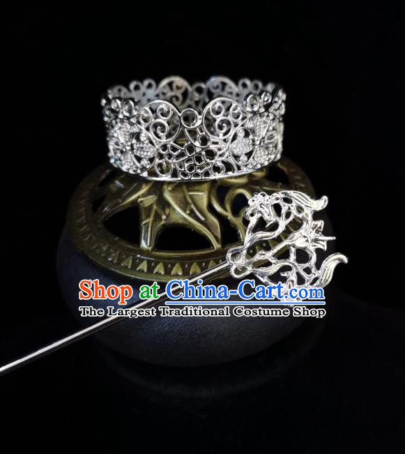 Chinese Traditional Tang Dynasty Prince Argent Hair Crown and Hairpin Ancient Nobility Childe Headwear