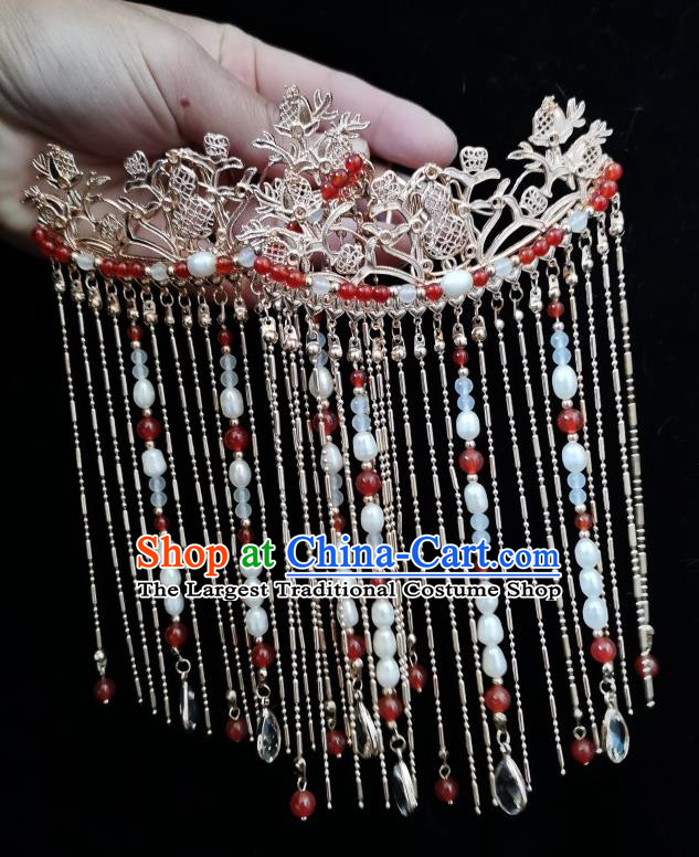 China Ancient Imperial Concubine Golden Hairpin Traditional Ming Dynasty Empress Tassel Hair Comb