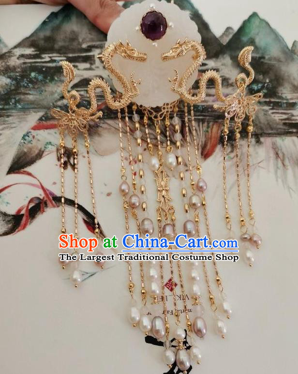 China Ancient Empress Golden Dragon Tassel Hairpin Traditional Hanfu Hair Accessories Ming Dynasty Court Jade Hair Crown